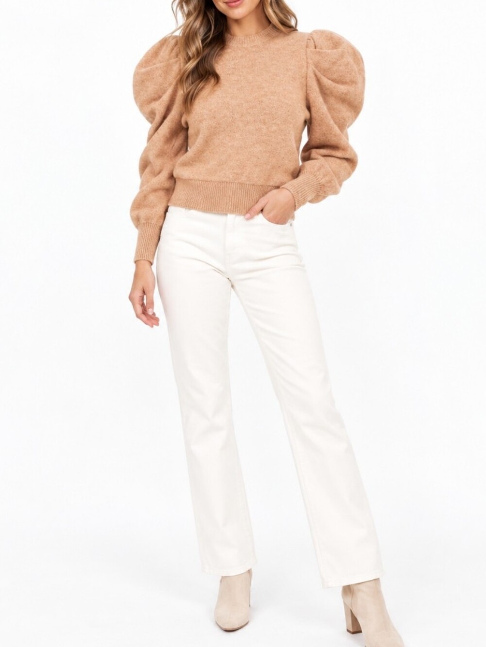 Astr Tan Puff Sleeve Neutral Nicole Winter Sweater Vintage Looking Wool Mix